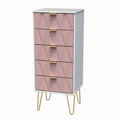 B&Q Pesaro Ready Assembled Matt Pink & White No Effect 5 Drawer Chest (H)1075Mm (W)395Mm (D)415Mm