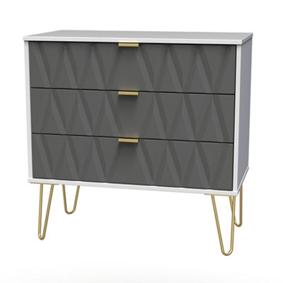B&Q Diamond Ready Assembled Matt Grey & White 3 Drawer Chest (H)740Mm (W)765Mm (D)395Mm
