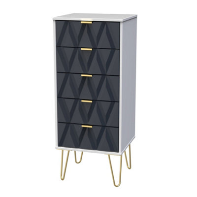 B&Q Diamond Ready Assembled Matt Indigo & White 5 Drawer Bedside Chest (H)1075Mm (W)395Mm (D)415Mm