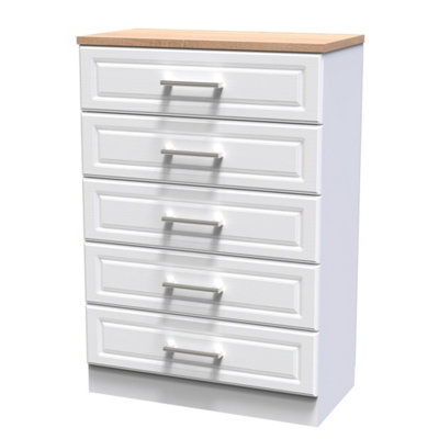 B&Q Sevilla Ready Assembled Matt White Light Oak Effect 5 Drawer Wide Chest (H)1075Mm (W)765Mm (D)415Mm
