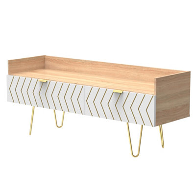 B&Q Ready Assembled White Oak Effect Media Unit With 2 Shelves, (H)51.5Cm X (W)128Cm X (D)39.5Cm