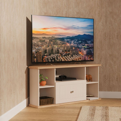 B&Q Pavia Ready Assembled Kashmir Ash Bardolino Oak Effect Corner Tv Unit With 2 Shelves & 1 Drawers, (H)52.4Cm X (W)112Cm X (D)51.5Cm