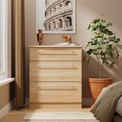 B&Q Bergamo Ready Assembled Bardolino Oak Effect 3 Drawer Chest (H)1074Mm (W)765Mm (D)415Mm