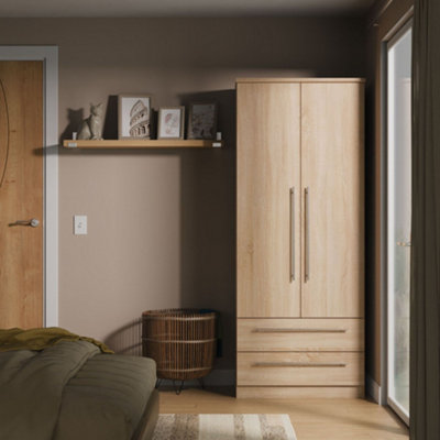 B&Q Bergamo Ready Assembled Bardolino Oak Effect 2 Drawer Double Wardrobe (H)1824Mm (W)738Mm (D)530Mm