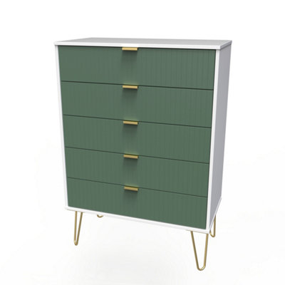 B&Q Linear Ready Assembled Matt Green & White No Effect 5 Drawer Wide Chest (H)1075Mm (W)765Mm (D)415Mm