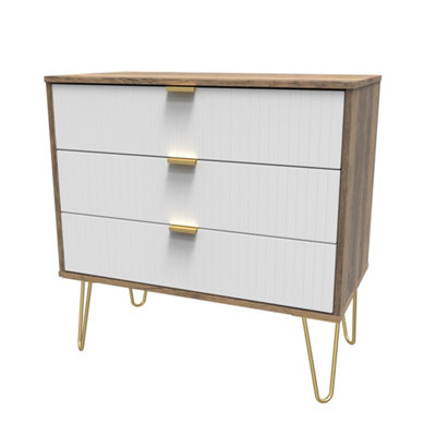 B&Q White Linear Ready Assembled Matt Dark Oak Effect 3 Drawer Wide Chest (H)695Mm (W)765Mm (D)415Mm
