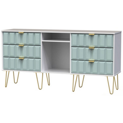 B&Q Cube Ready Assembled Matt Duck Egg & White Media Unit With 2 Shelves & 6 Drawers, (H)152Cm X (W)74Cm X (D)39.5Cm