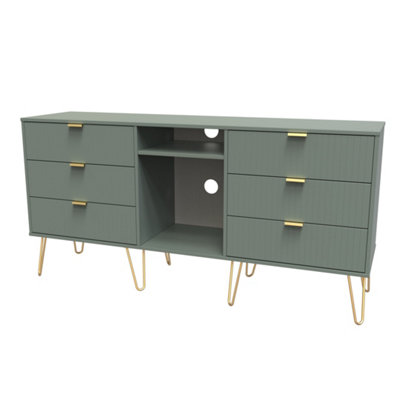 B&Q Linear Ready Assembled Matt Green Media Unit With 2 Shelves & 6 Drawers, (H)152Cm X (W)74Cm X (D)39.5Cm