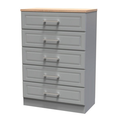 B&Q Sevilla Ready Assembled Matt Dark Grey Light Oak Effect 5 Drawer Wide Chest (H)1075Mm (W)765Mm (D)415Mm