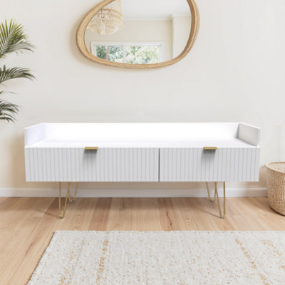 B&Q Linear Ready Assembled Matt White Media Unit With 2 Drawers, (H)128Cm X (W)51.5Cm X (D)39.5Cm