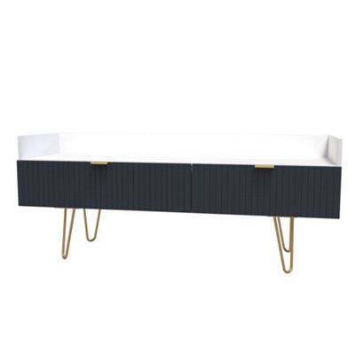 B&Q Linear Ready Assembled Matt Indigo & White Media Unit With 2 Drawers, (H)128Cm X (W)51.5Cm X (D)39.5Cm