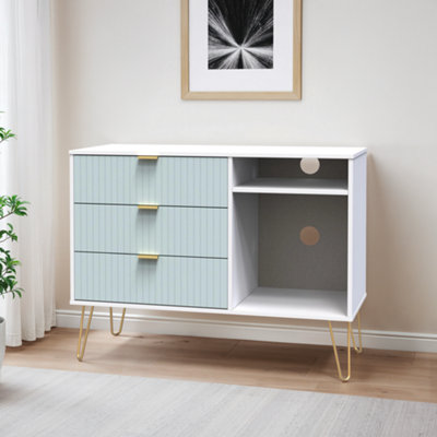B&Q Linear Ready Assembled Matt Duck Egg & White Media Unit With 2 Shelves & 3 Drawers, (H)97Cm X (W)74Cm X (D)39.5Cm