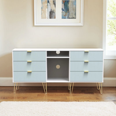 B&Q Linear Ready Assembled Matt Duck Egg & White Media Unit With 2 Shelves & 6 Drawers, (H)152Cm X (W)74Cm X (D)39.5Cm