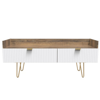 B&Q Linear Ready Assembled White Oak Effect Media Unit With 2 Drawers, (H)128Cm X (W)51.5Cm X (D)39.5Cm