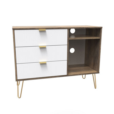 B&Q Linear Ready Assembled White Oak Effect Media Unit With 2 Shelves & 3 Drawers, (H)97Cm X (W)74Cm X (D)39.5Cm