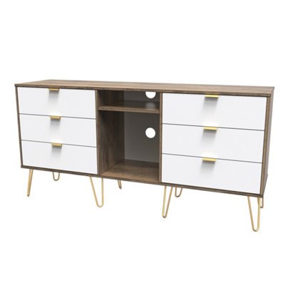 B&Q Linear Ready Assembled White Oak Effect Media Unit With 2 Shelves & 6 Drawers, (H)152Cm X (W)74Cm X (D)39.5Cm