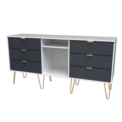 B&Q Linear Ready Assembled Matt Indigo & White Media Unit With 2 Shelves & 6 Drawers, (H)152Cm X (W)74Cm X (D)39.5Cm