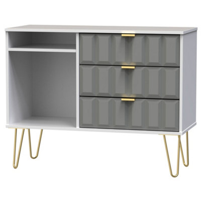 B&Q Cube Ready Assembled Matt Grey & White Media Unit With 2 Shelves & 3 Drawers, (H)97Cm X (W)74Cm X (D)39.5Cm