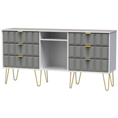 B&Q Cube Ready Assembled Matt Grey & White Media Unit With 2 Shelves & 6 Drawers, (H)152Cm X (W)74Cm X (D)39.5Cm