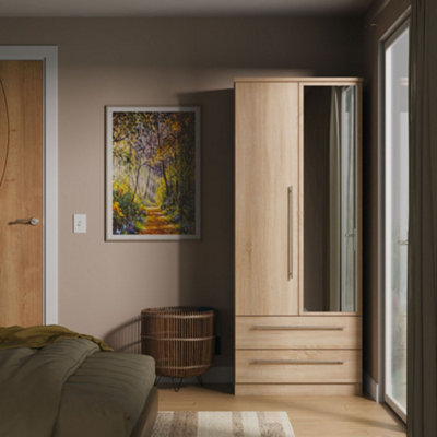 B&Q Bergamo Ready Assembled Bardolino Oak Effect 2 Drawer Double Wardrobe With 1 Mirror Door (H)1824Mm (W)738Mm (D)530Mm