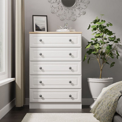 B&Q Savona Ready Assembled White Ash Bardolino Oak Effect 5 Drawer Chest (H)1074Mm (W)740Mm (D)385Mm
