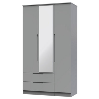 B&Q Messina Ready Assembled Modern Matt Grey 2 Drawer Tall Triple Wardrobe With 1 Mirror Door (H)1970Mm (W)1110Mm (D)530Mm