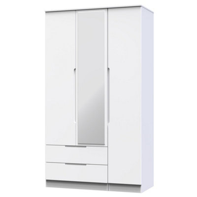 B&Q Messina Ready Assembled Modern Matt White 2 Drawer Tall Triple Wardrobe With 1 Mirror Door (H)1970Mm (W)1110Mm (D)530Mm
