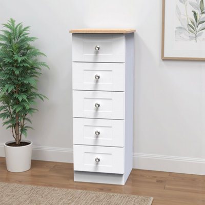 B&Q Santander Ready Assembled Matt White & Oak 5 Drawer Wide Bedside Chest (H)1074Mm (W)395Mm (D)411Mm