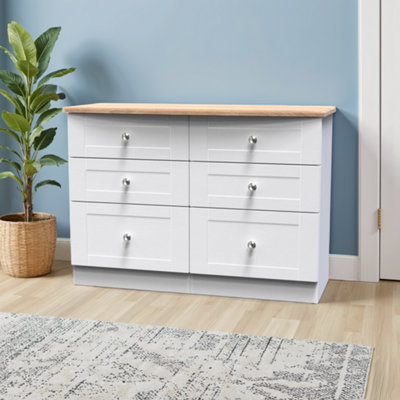 B&Q Santander Ready Assembled Matt White & Oak 6 Drawer Wide Chest (H)792Mm (W)1117Mm (D)414Mm