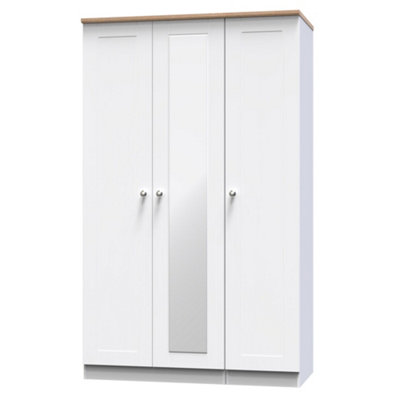B&Q Santander Ready Assembled Traditional White & Oak Effect Tall Triple Wardrobe With 1 Mirror Door (H)1970Mm (W)1110Mm (D)530Mm