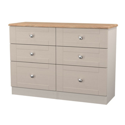 B&Q Santander Ready Assembled Matt Beige & Oak 6 Drawer Wide Chest (H)792Mm (W)1117Mm (D)414Mm