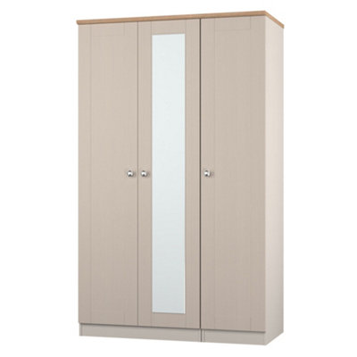B&Q Santander Ready Assembled Traditional Matt Beige & Oak Effect Tall Triple Wardrobe With 1 Mirror Door (H)1970Mm (W)1110Mm (D)530Mm