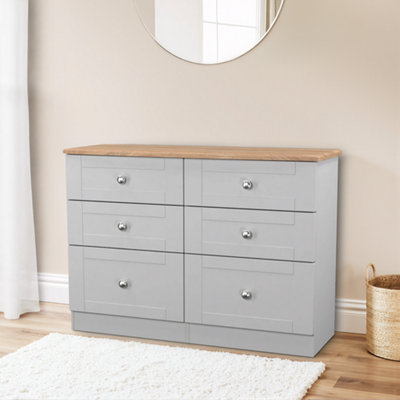 B&Q Santander Ready Assembled Matt Grey & Oak 6 Drawer Wide Chest (H)792Mm (W)1117Mm (D)414Mm