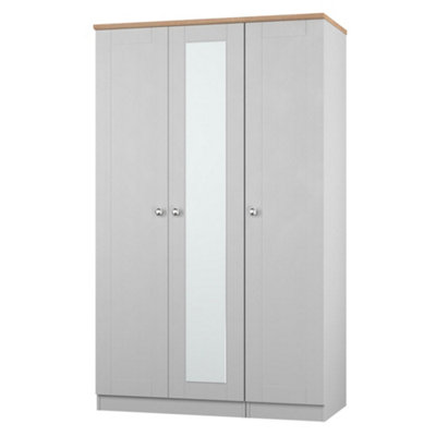 B&Q Grey/Oak Effect Sussex Ready Assembled Traditional & Tall Triple Wardrobe With 1 Mirror Door (H)1970Mm (W)1110Mm (D)530Mm