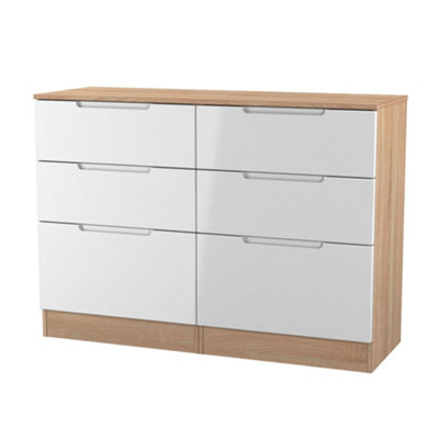 B&Q Messina Ready Assembled White & Oak 6 Drawer Wide Chest (H)785Mm (W)1100Mm (D)390Mm