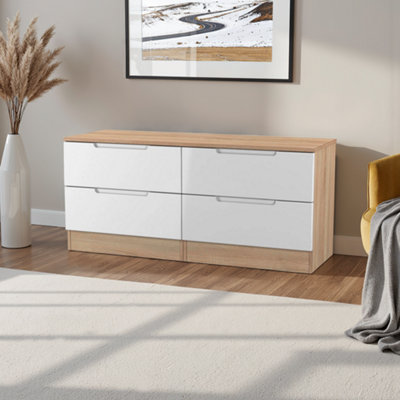 B&Q Messina Ready Assembled White & Oak 4 Drawer Wide Chest (H)495Mm (W)1100Mm (D)390Mm
