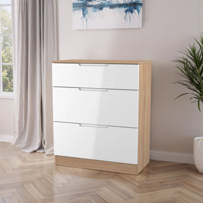 B&Q Messina Ready Assembled Gloss & Matt White & Oak 3 Drawer Deep Chest (H)875Mm (W)740Mm (D)390Mm