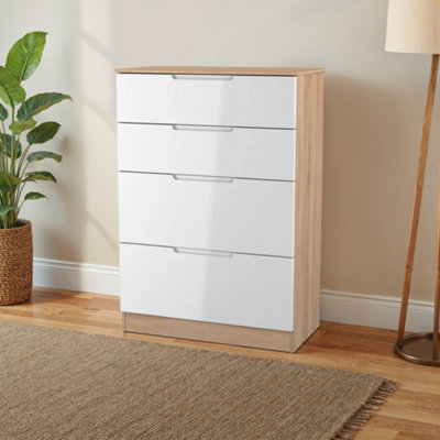 B&Q Messina Ready Assembled Gloss & Matt White & Oak 4 Drawer Deep Chest (H)1067Mm (W)740Mm (D)390Mm