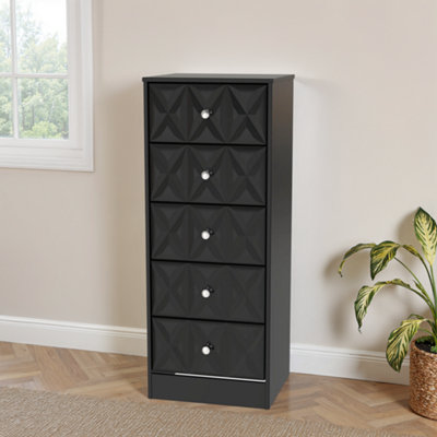 B&Q Genoa Ready Assembled Satin Black No Effect 5 Drawer Bedside Chest (H)1120Mm (W)450Mm (D)395Mm