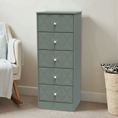 B&Q Genoa Ready Assembled Matt Green 5 Drawer Bedside Chest (H)1120Mm (W)450Mm (D)395Mm