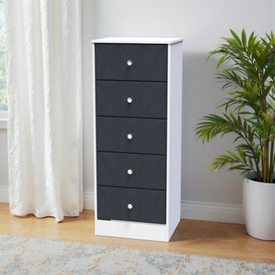 B&Q San Jose Ready Assembled Matt Indigo & White No Effect 5 Drawer Bedside Chest (H)1120Mm (W)450Mm (D)395Mm