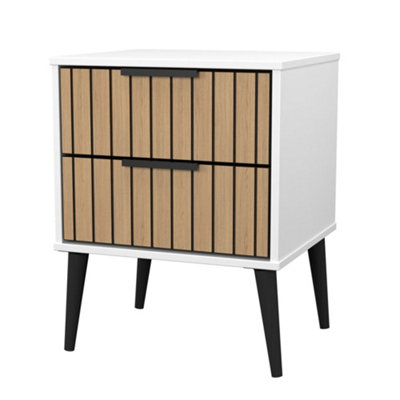 B&Q Fiji Ready Assembled White & Oak 2 Drawer Wide Smart Bedside Chest (H)594Mm (W)450Mm (D)395Mm
