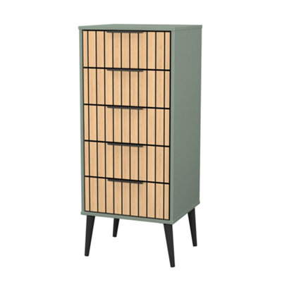 B&Q Fiji Ready Assembled Green & Oak 5 Drawer Wide Bedside Chest (H)1089Mm (W)450Mm (D)395Mm