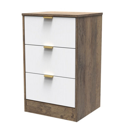 B&Q Nashville Ready Assembled Matt White & Oak 3 Drawer Wide Bedside Chest (H)726Mm (W)450Mm (D)395Mm