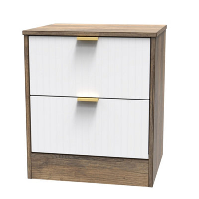 B&Q Nashville Ready Assembled Matt White & Oak 2 Drawer Wide Bedside Chest (H)521Mm (W)450Mm (D)395Mm