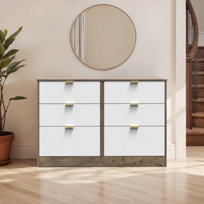 B&Q Nashville Ready Assembled Matt White & Oak 6 Drawer Wide Chest (H)792Mm (W)1117Mm (D)395Mm