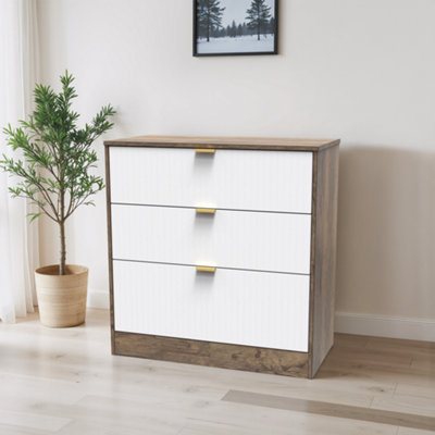B&Q Nashville Ready Assembled Matt White & Oak 3 Drawer Chest (H)791Mm (W)766Mm (D)395Mm