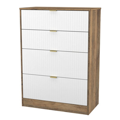 B&Q Nashville Ready Assembled Matt White & Oak 4 Drawer Chest (H)1063Mm (W)766Mm (D)395Mm