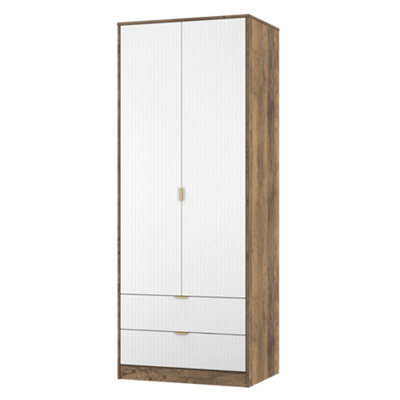 B&Q Nashville Ready Assembled Contemporary Matt White & Oak 2 Drawer Tall Double Wardrobe (H)1960Mm (W)740Mm (D)520Mm