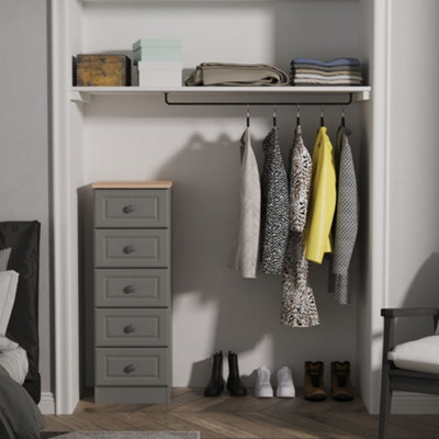 B&Q Savona Ready Assembled Dusk Grey Bardolino Oak Effect 5 Drawer Bedside Chest (H)1074Mm (W)374Mm (D)402Mm